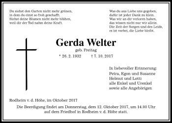 Traueranzeige von Gerda Welter von Wetterauer Zeitung, Wetterauer Zeitung
