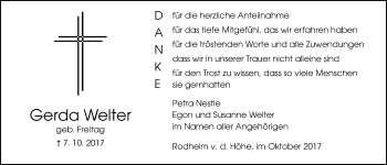 Traueranzeige von Gerda Welter von Wetterauer Zeitung, Wetterauer Zeitung