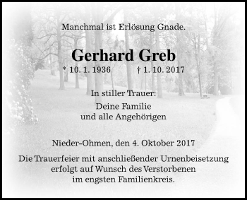 Traueranzeige von Gerhard Greb von Alsfelder Allgemeine