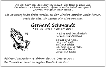 Traueranzeige von Gerhard Schmandt von Giessener Allgemeine, Alsfelder Allgemeine
