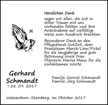 Traueranzeige von Gerhard Schmandt von Pohlheimer Nachrichten
