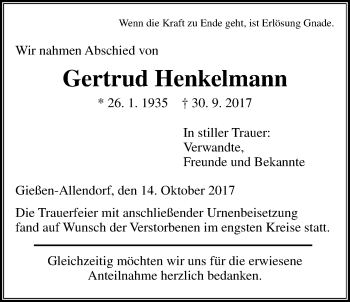 Traueranzeige von Gertrud Henkelmann von Giessener Allgemeine, Alsfelder Allgemeine