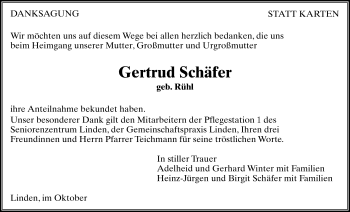 Traueranzeige von Gertrud Schäfer von Giessener Allgemeine, Alsfelder Allgemeine