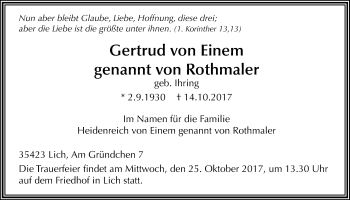 Traueranzeige von Gertrud von Einem  von Licher Wochenblatt, Licher Wochenblatt, Licher Wochenblatt