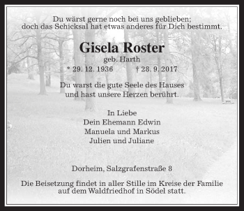 Traueranzeige von Gisela Roster von Wetterauer Zeitung, Wetterauer Zeitung