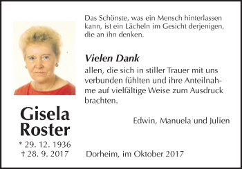 Traueranzeige von Gisela Roster von Wetterauer Zeitung, Wetterauer Zeitung