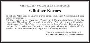 Traueranzeige von Günther Kovacs von Giessener Allgemeine, Alsfelder Allgemeine