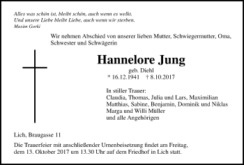 Traueranzeige von Hannelore Jung von Licher Wochenblatt, Licher Wochenblatt, Licher Wochenblatt