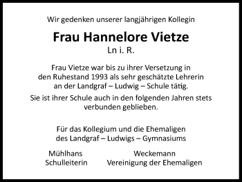 Traueranzeige von Hannelore Vietze von Giessener Allgemeine, Alsfelder Allgemeine