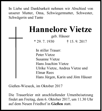 Traueranzeige von Hannelore Vietze von Giessener Allgemeine, Alsfelder Allgemeine