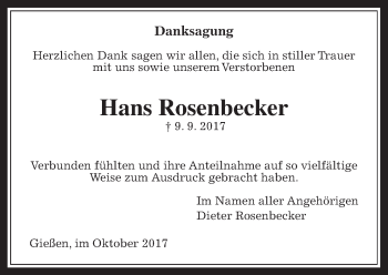 Traueranzeige von Hans Rosenbecker von Giessener Allgemeine, Alsfelder Allgemeine
