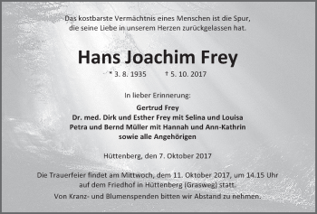 Traueranzeige von Hans Joachim Frey von Giessener Allgemeine, Alsfelder Allgemeine