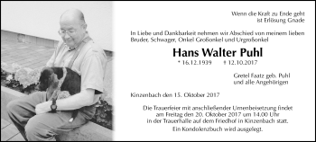 Traueranzeige von Hans Walter Puhl von Giessener Allgemeine, Alsfelder Allgemeine