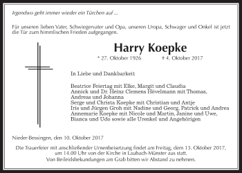 Traueranzeige von Harry Koepke von Giessener Allgemeine, Alsfelder Allgemeine