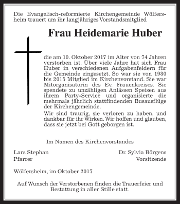 Traueranzeige von Heidemarie Huber von Wetterauer Zeitung, Wetterauer Zeitung