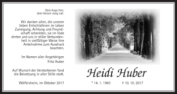 Traueranzeige von Heidi Huber von Wetterauer Zeitung, Wetterauer Zeitung