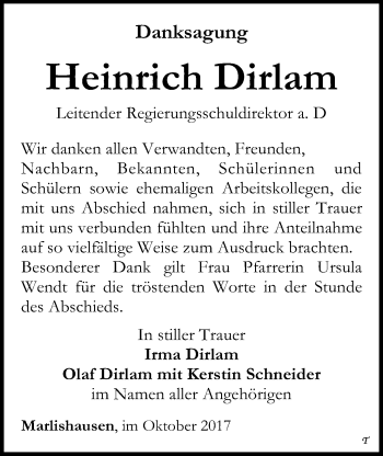 Traueranzeige von Heinrich Dirlam von Giessener Allgemeine, Alsfelder Allgemeine