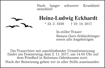 Traueranzeige von Heinz-Ludwig Eckhardt von Giessener Allgemeine, Alsfelder Allgemeine