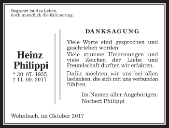 Traueranzeige von Heinz Philippi von Wetterauer Zeitung, Wetterauer Zeitung
