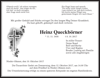 Traueranzeige von Heinz Queckbörner von Alsfelder Allgemeine