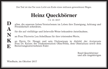 Traueranzeige von Heinz Queckbörner von Alsfelder Allgemeine