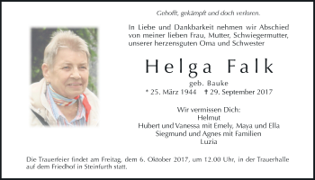 Traueranzeige von Helga Falk von Wetterauer Zeitung, Wetterauer Zeitung