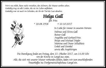 Traueranzeige von Helga Gall von Licher Wochenblatt, Licher Wochenblatt, Licher Wochenblatt