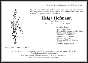 Traueranzeige von Helga Hofmann von Giessener Allgemeine, Alsfelder Allgemeine