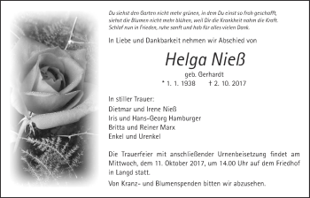 Traueranzeige von Helga Nieß von Licher Wochenblatt, Licher Wochenblatt, Licher Wochenblatt