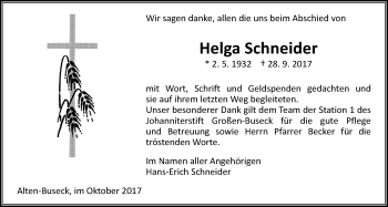 Traueranzeige von Helga Schneider von Giessener Allgemeine, Alsfelder Allgemeine