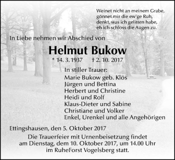 Traueranzeige von Helmut Bukow von Giessener Allgemeine, Alsfelder Allgemeine