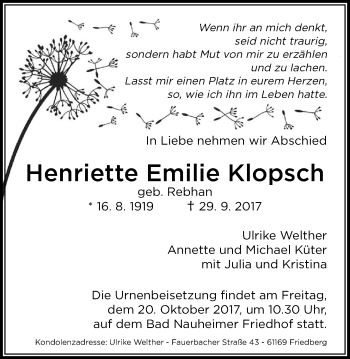 Traueranzeige von Henriette Emilie Klopsch von Wetterauer Zeitung, Wetterauer Zeitung