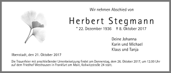 Traueranzeige von Herbert Stegmann von Wetterauer Zeitung, Wetterauer Zeitung