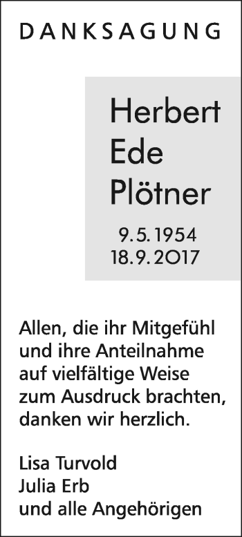 Traueranzeige von Herbert Ede Plötner von Giessener Allgemeine, Alsfelder Allgemeine
