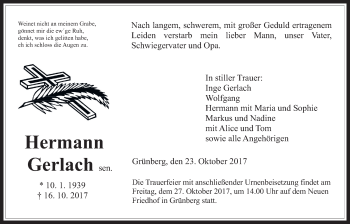 Traueranzeige von Hermann Gerlach von Giessener Allgemeine, Alsfelder Allgemeine