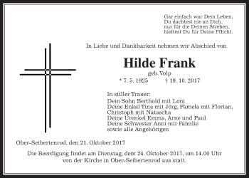 Traueranzeige von Hilde Frank von Alsfelder Allgemeine