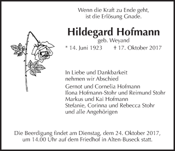 Traueranzeige von Hildegard Hofmann von Giessener Allgemeine, Alsfelder Allgemeine