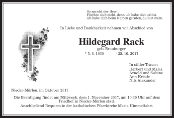 Traueranzeige von Hildegard Rack von Wetterauer Zeitung, Wetterauer Zeitung