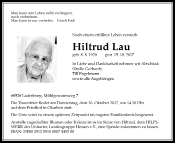 Traueranzeige von Hiltrud Lau von Wetterauer Zeitung