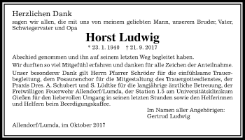 Traueranzeige von Horst Ludwig von Giessener Allgemeine, Alsfelder Allgemeine