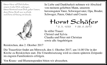 Traueranzeige von Horst Schäfer von Giessener Allgemeine, Alsfelder Allgemeine