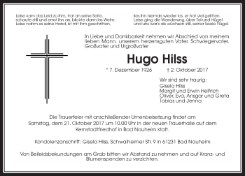 Traueranzeige von Hugo Hilss von Wetterauer Zeitung, Wetterauer Zeitung