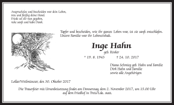 Traueranzeige von Inge Hahn von Giessener Allgemeine, Alsfelder Allgemeine