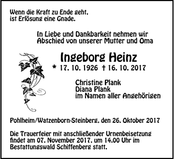 Traueranzeige von Ingeborg Heinz von Pohlheimer Nachrichten