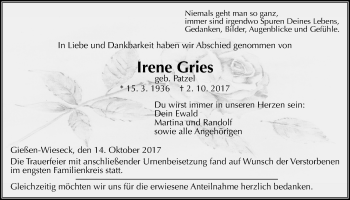 Traueranzeige von Irene Gries von Giessener Allgemeine, Alsfelder Allgemeine