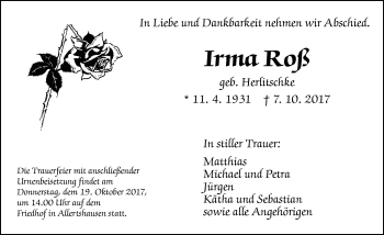 Traueranzeige von Irma Roß von Giessener Allgemeine, Alsfelder Allgemeine