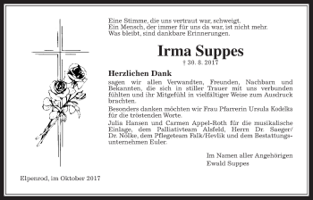 Traueranzeige von Irma Suppes von Alsfelder Allgemeine