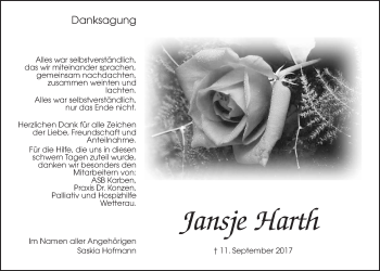 Traueranzeige von Jansje Harth von Wetterauer Zeitung, Wetterauer Zeitung