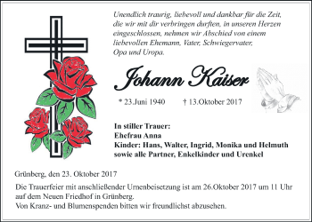 Traueranzeige von Johann Kaiser von Giessener Allgemeine, Alsfelder Allgemeine