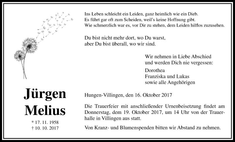  Traueranzeige für Jürgen Melius vom 16.10.2017 aus Giessener Allgemeine, Alsfelder Allgemeine